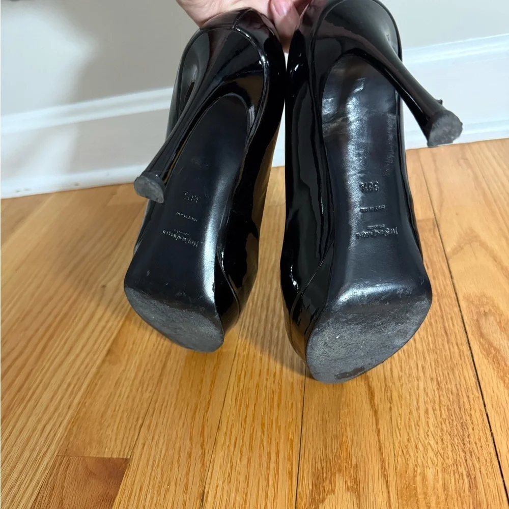 Yves Saint Laurent 7.5 Black Patent Leather Peep Toe Pumps classy, formal, YSL - Picture 11 of 13